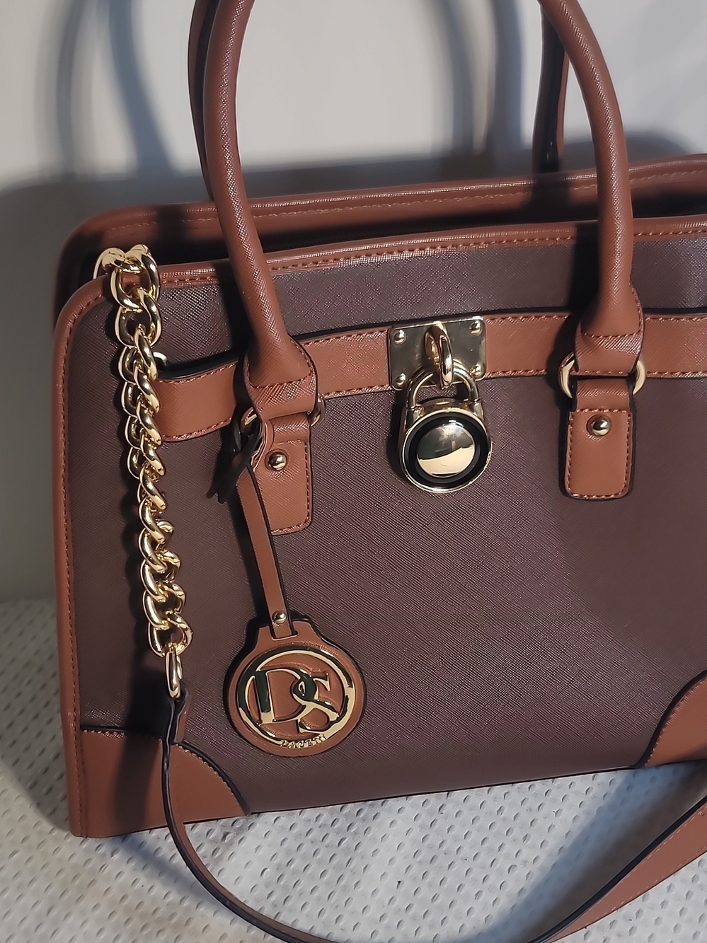 Brown Two-Tone Satchel Handbag with Gold Hardware - Picture 3 of 8